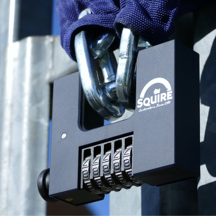 Combination padlock securing a garden shed