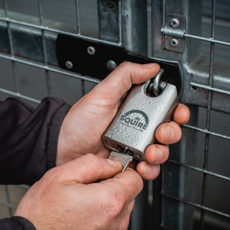 Brass and stainless steel padlock in a coastal setting